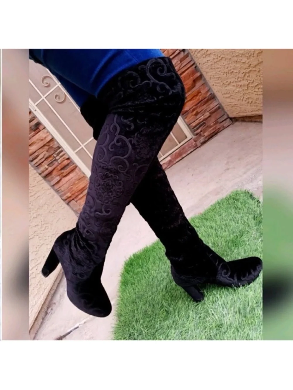 Black embroidered over the knee boots chunky block heel velvet